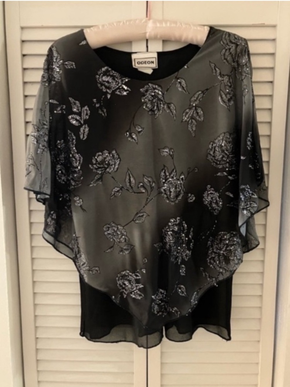 Vintage Odeon Glitter Sheer Shrug Floral Silver/Black Flutter Sleeve Top Large